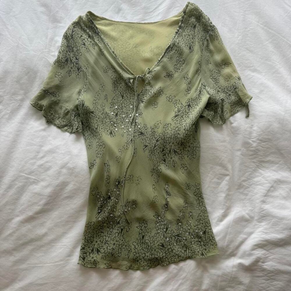 Green floral sequin top with tie
